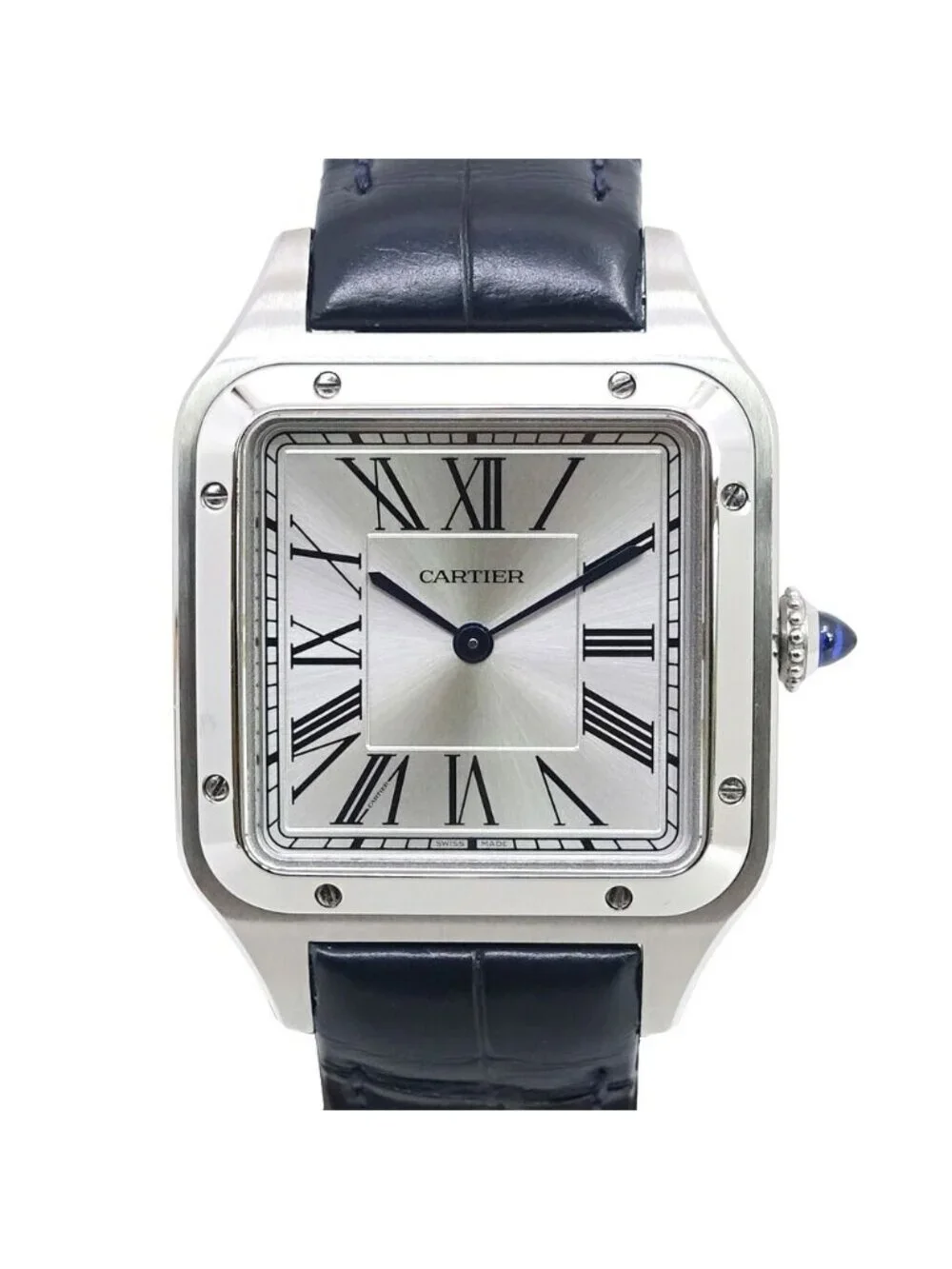 Cartier Santos Dumont LM Watch SS Silver Quartz Leather Box Card